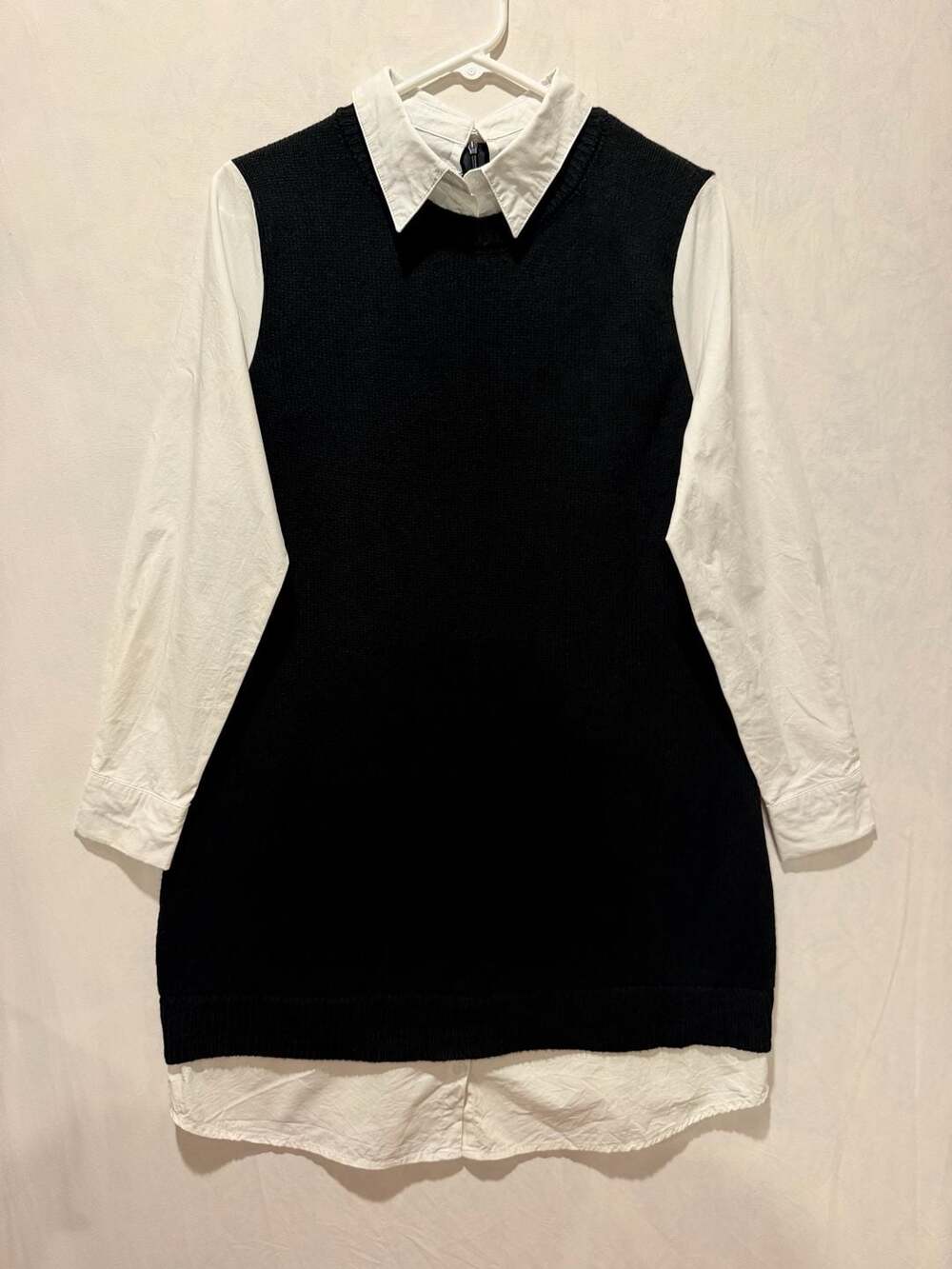 Sugarlips Faux Layered Sweater Dress XS Black White Shirt Collar